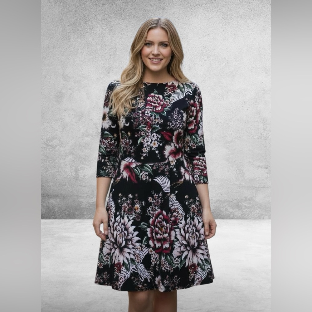Nicole Miller Black Floral Long Sleeve Dress Size 6